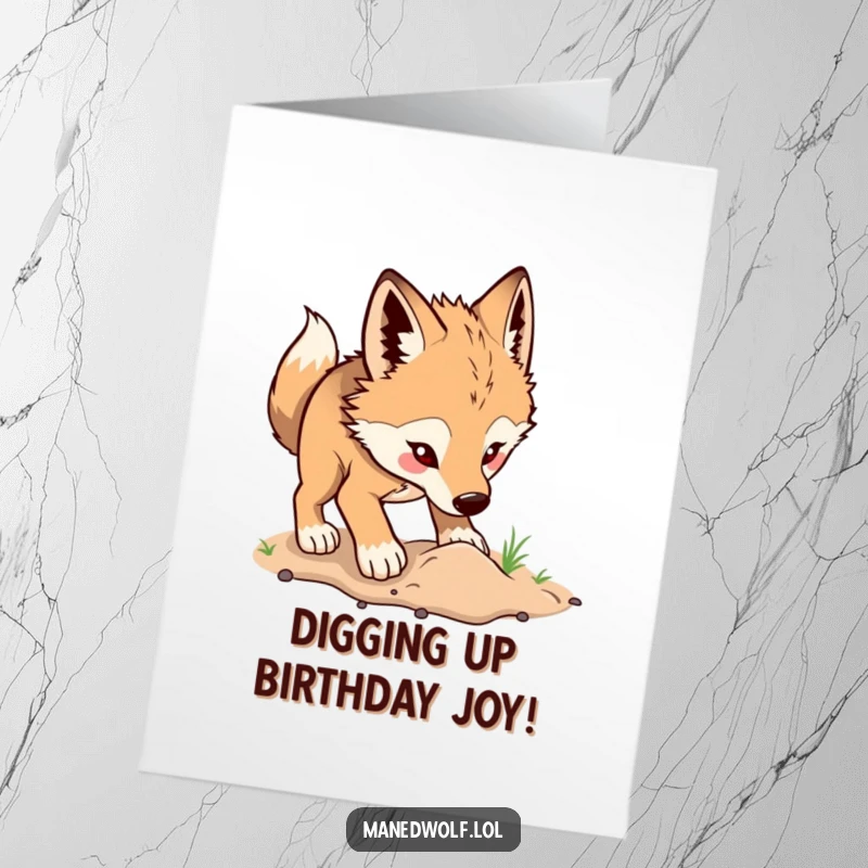 Free Printable birthday card: an adorable, excited maned wolf digging enthusiastically in the earth, a downloadable party starter.