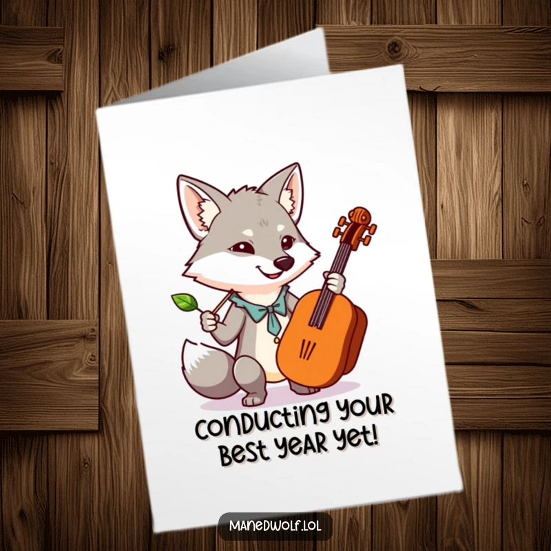 Funny Free Printable Birthday Card: A kawaii maned wolf energetically conducts an imaginary orchestra with a leaf.