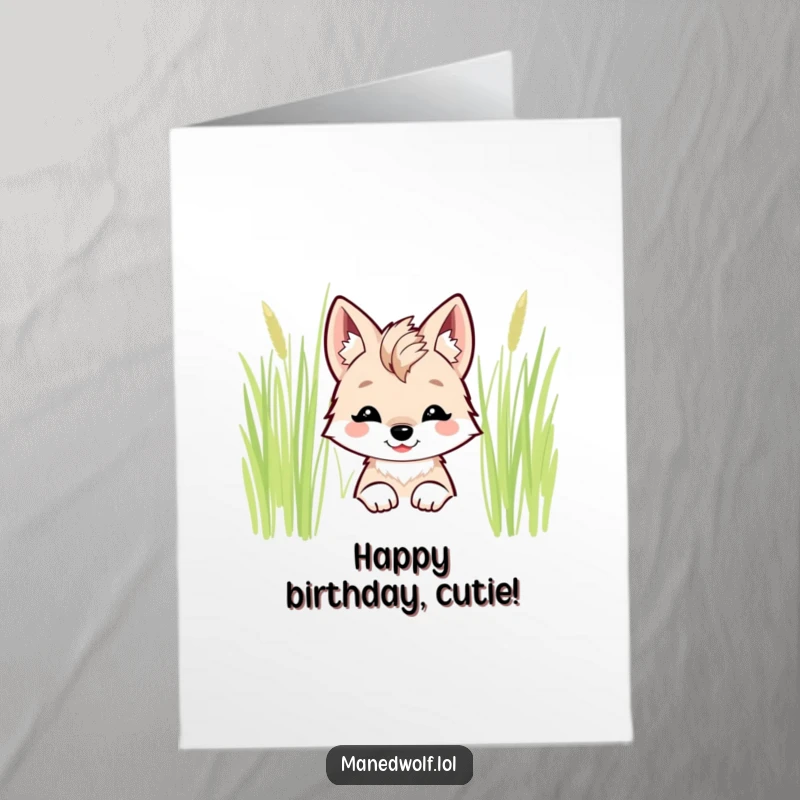 Free Printable Birthday Card: Adorable kawaii maned wolf peeking shyly from behind tall grass with a big smile.