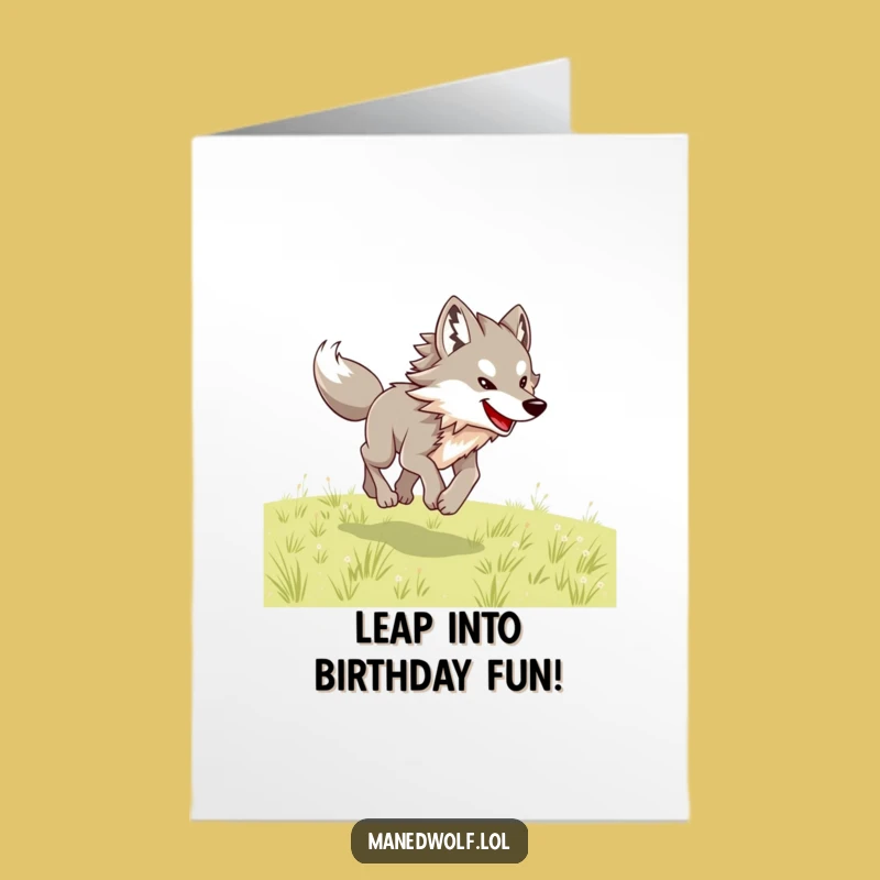 Free Printable Birthday Card: Energetic Maned Wolf Leap Downloadable Gift