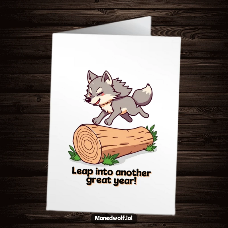Funny Free Printable Birthday Card: Maned wolf mid-leap over a log, full of energy and birthday joy, downloadable art.