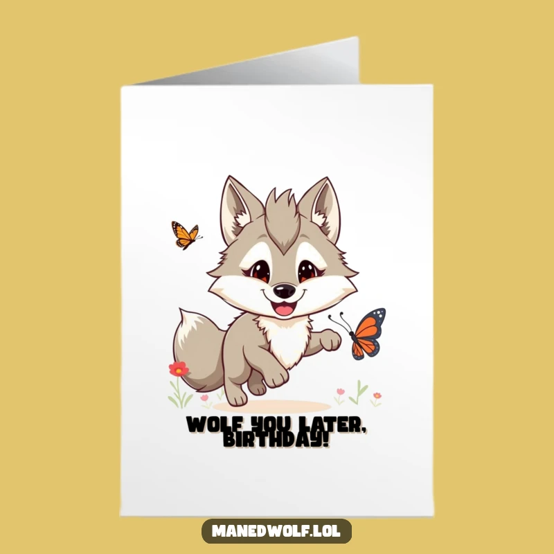 Free Printable Birthday Card: Funny Maned Wolf Butterfly Chase Downloadable Gift