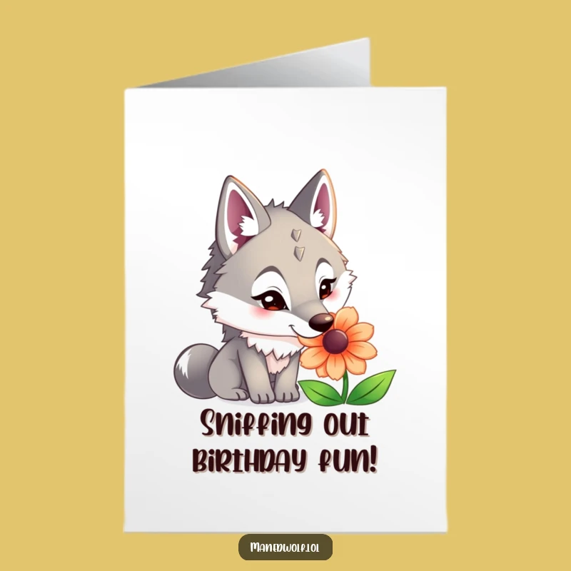 Free Printable Birthday Card: Funny Maned Wolf Sniffing Flower, Best DIY Gift