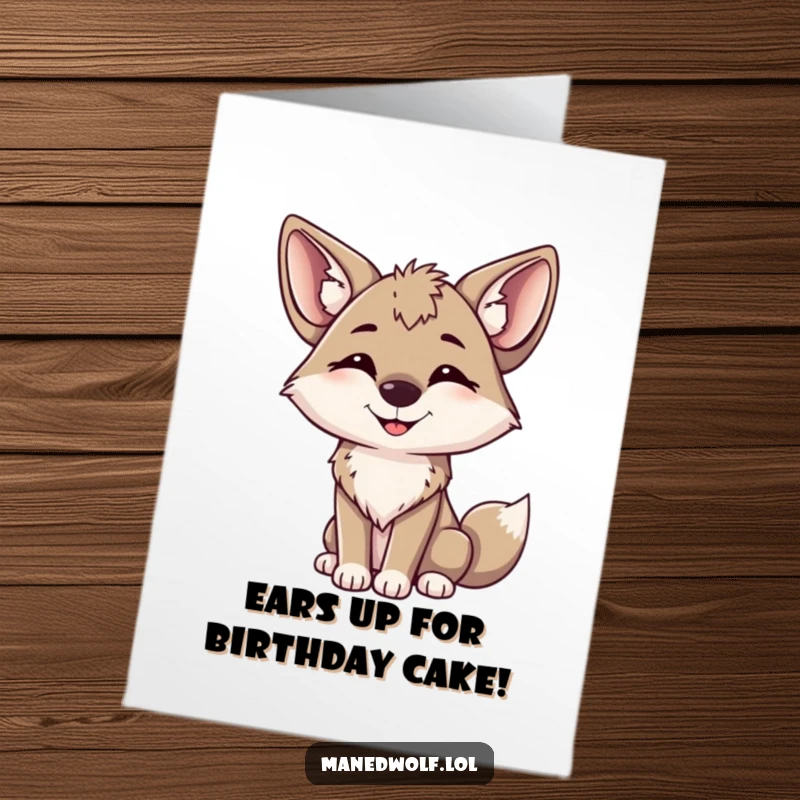 Free Printable Birthday Card: A happy maned wolf tilting its head with big, perked ears, a charming and cute downloadable design.
