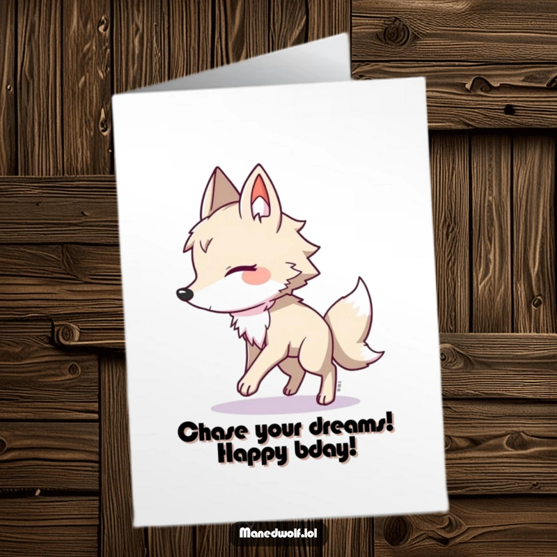Funny Free Printable Birthday Card: A kawaii maned wolf playfully chases its shadow, celebrating your special day.