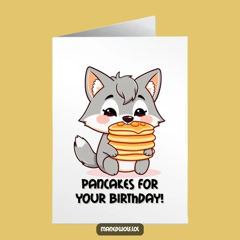 Free Printable Birthday Card: Pancake Wolf Balance - Funny Downloadable Gift for Breakfast Lovers