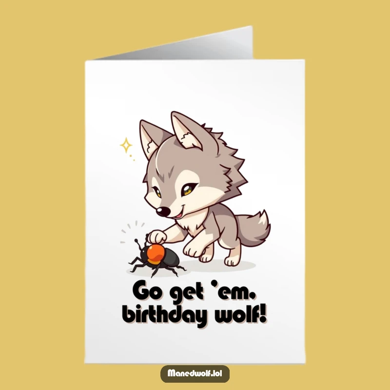 Free Printable Birthday Card: Playful Maned Wolf Chasing Beetle Funny Gift
