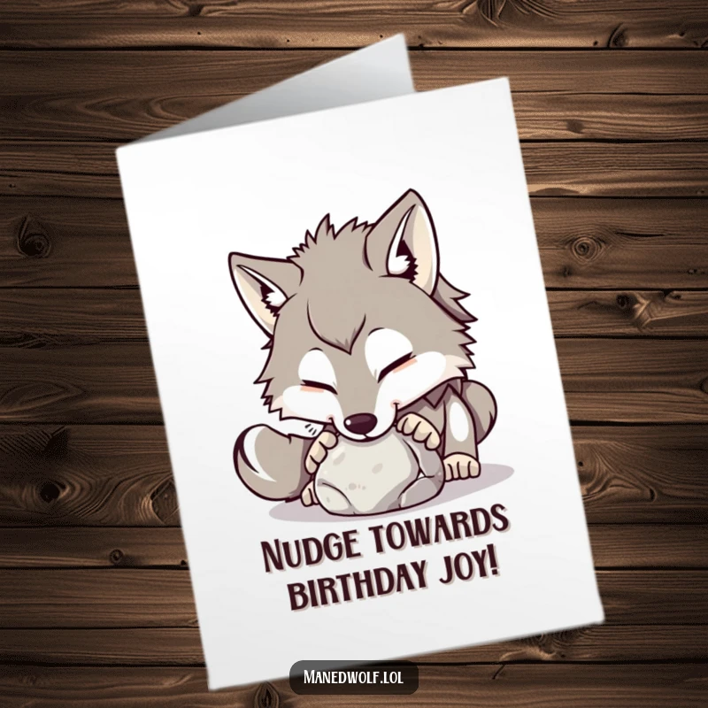 Free Printable Birthday Card: Maned wolf playfully nudging a small round stone with its nose, a charming and humorous design.