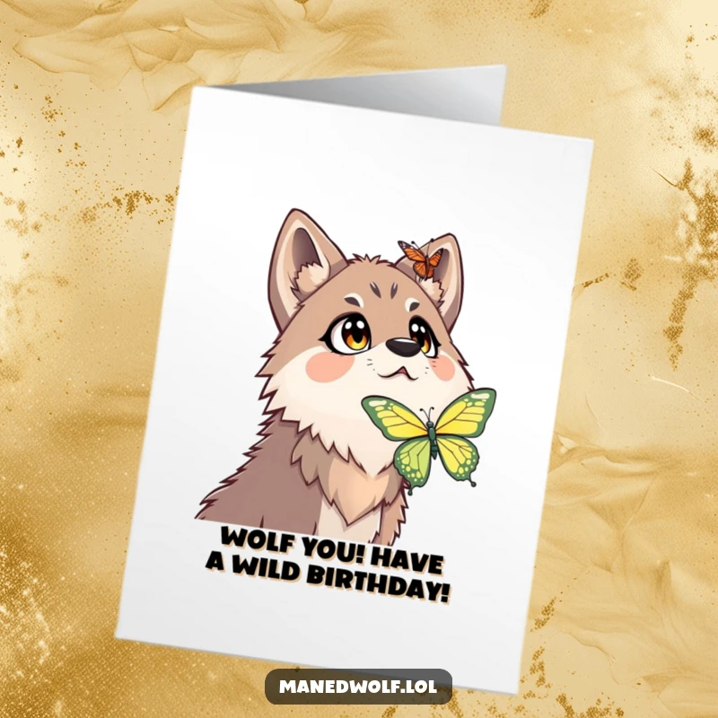 Funny Free Printable Birthday Card showing a maned wolf hilariously surprised by a descending butterfly, wide-eyed.