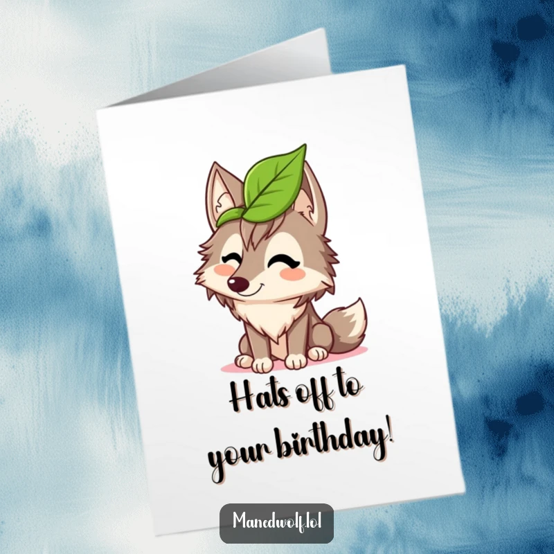 Free Printable birthday card: a silly maned wolf giggling while trying to wear a leaf as a hat, downloadable fun.