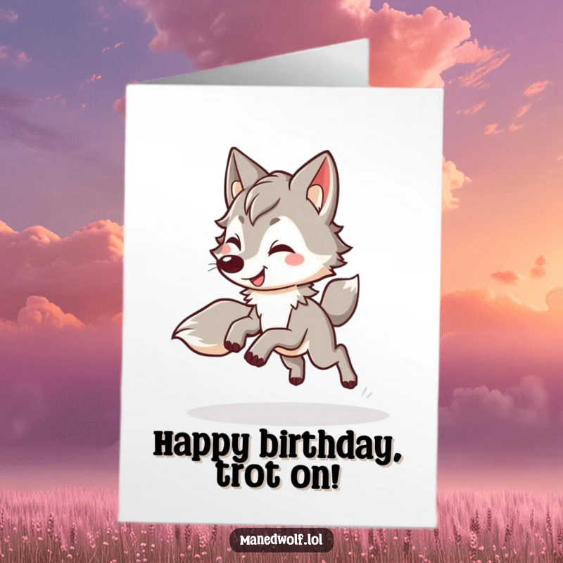 Funny Free Printable Kawaii Maned Wolf Birthday Card: A wolf does a happy, bouncy trot, spreading birthday joy.