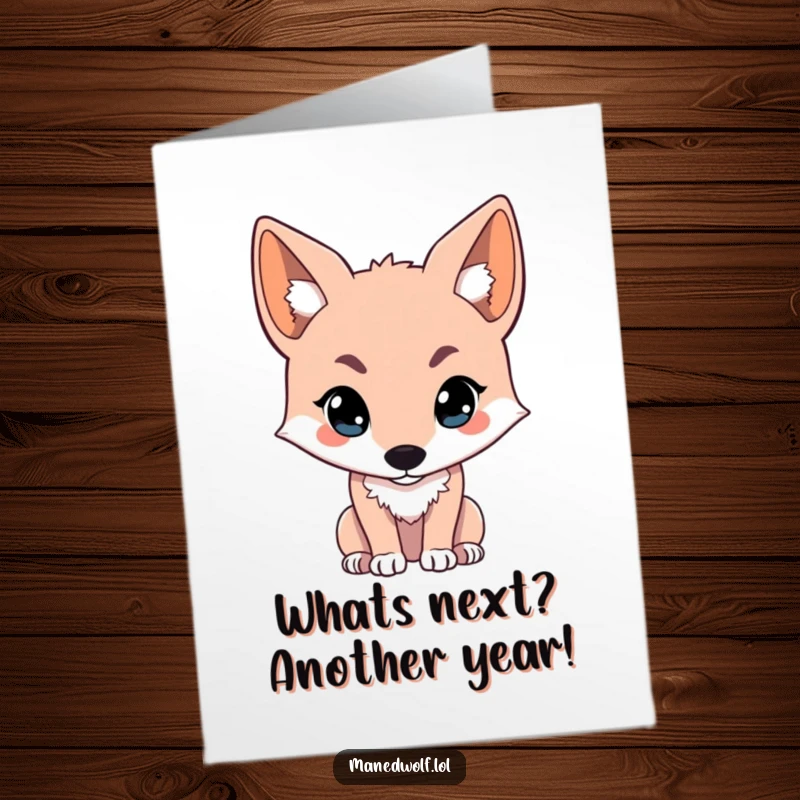 Funny Free Printable Kawaii Maned Wolf Birthday Card: A wolf looks intently off-screen, curious about birthday surprises.