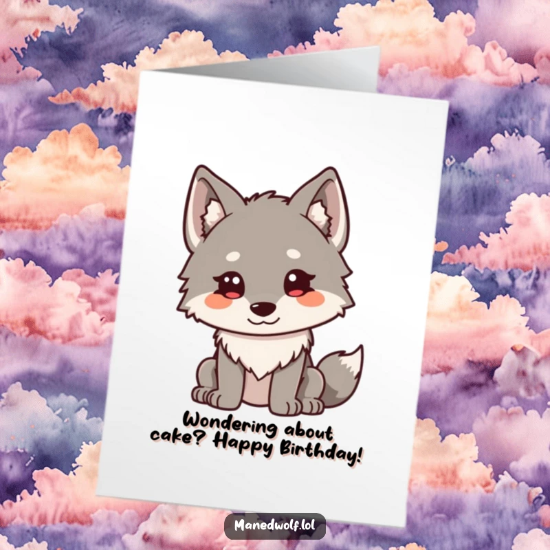 Funny Free Printable Birthday Card: Kawaii maned wolf with ears perked, curiously observing, ready with a birthday surprise.