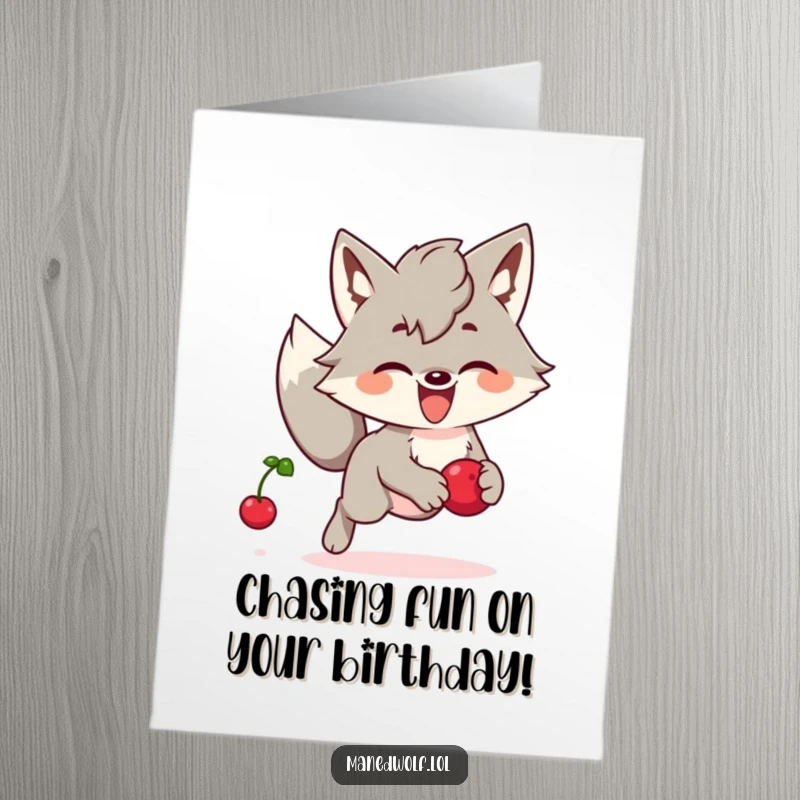 Funny Free Printable Birthday Card: Kawaii maned wolf joyfully chasing a bouncing berry, a scene of pure delight.
