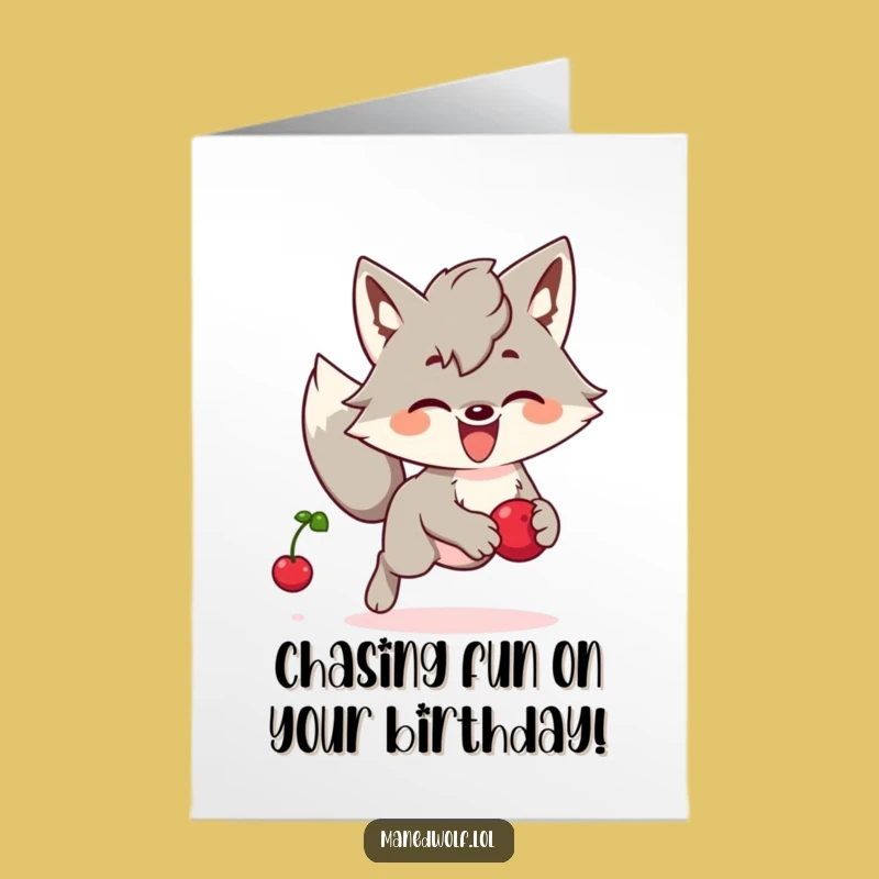 Funny Free Printable Birthday Card: Kawaii Maned Wolf Chases Berry, Perfect DIY Downloadable Gift!