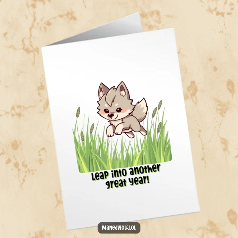 Funny Free Printable Birthday Card: Kawaii maned wolf leaping playfully through tall grass, a moment of wild joy.