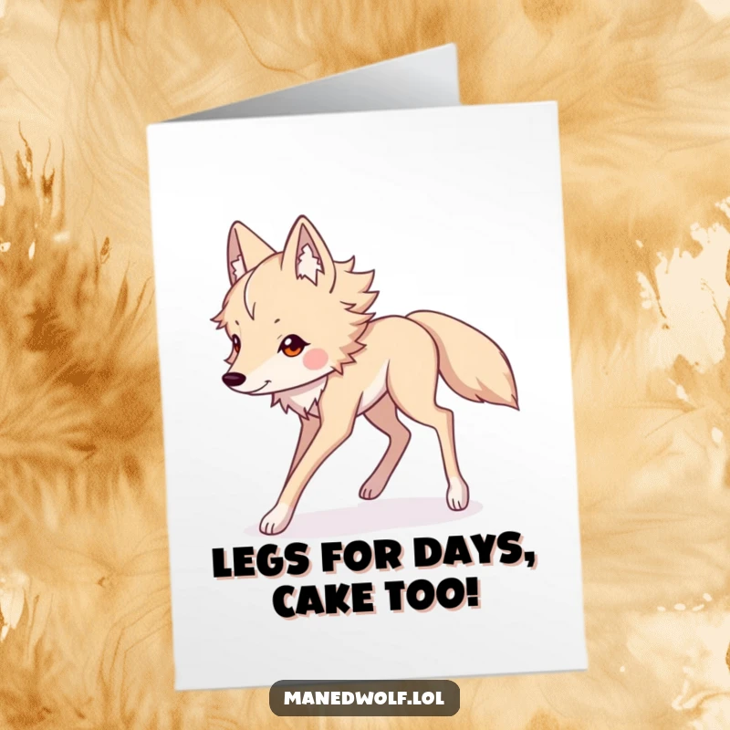 Funny Free Printable Birthday Card featuring a Kawaii maned wolf with comically long legs, striding with joyful abandon.