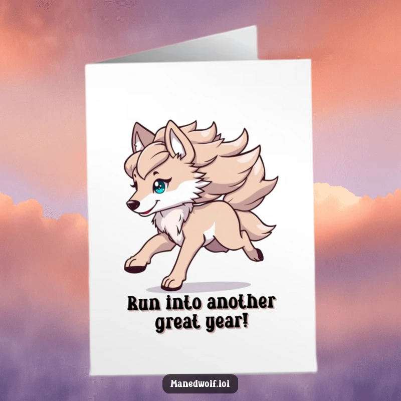 Funny Free Printable Kawaii Maned Wolf Birthday Card: A wolf runs with flowing mane, delivering fast and fun birthday wishes.