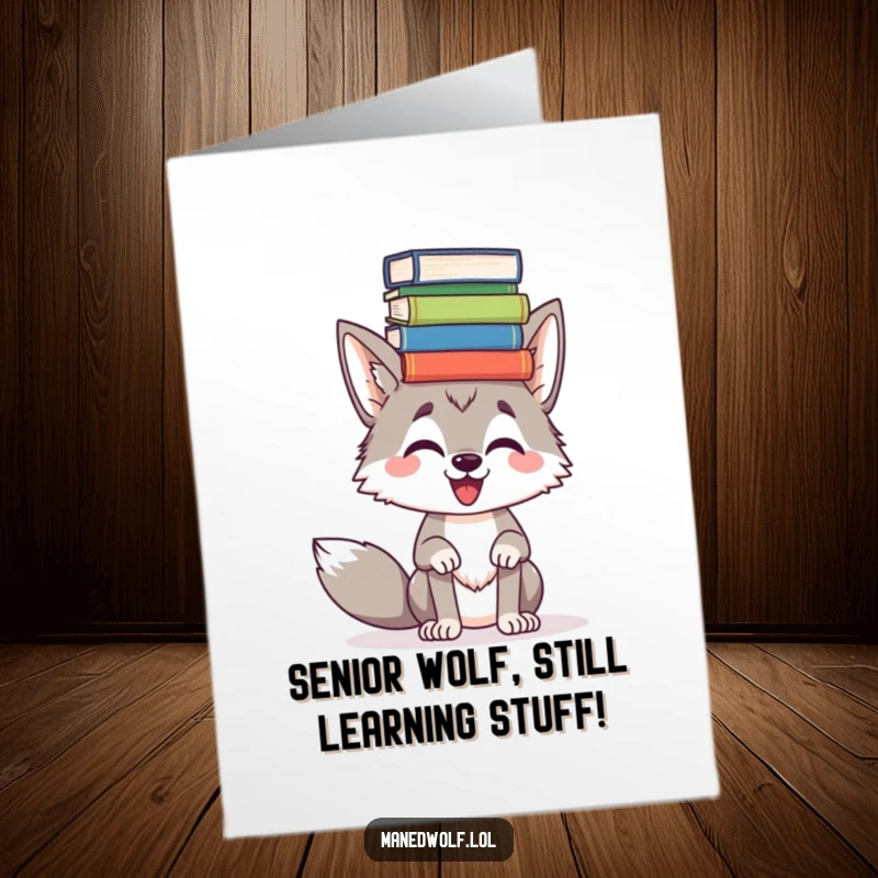 Funny Free Printable Birthday Card: A maned wolf comically tilting its head, struggling to balance a tall stack of books.