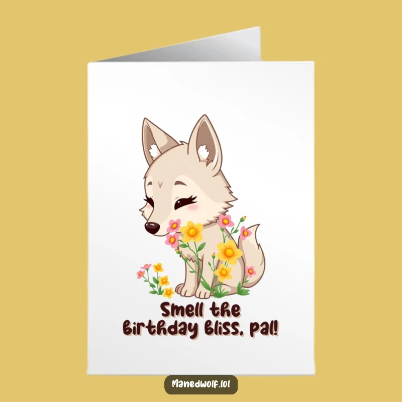 Free Printable Birthday Card: Maned Wolf Sniffing Flowers - Sweet Downloadable Gift!
