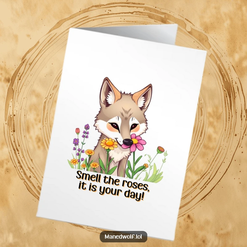 Funny Free Printable Birthday Card: Curious maned wolf sniffing a colorful wildflower with intense interest, exploring nature.