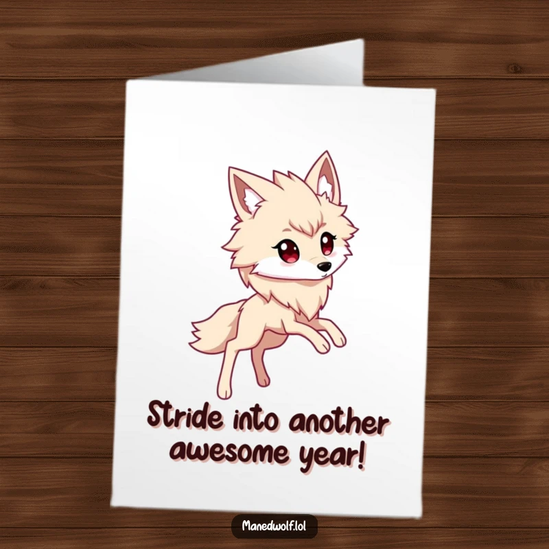 Funny Free Printable Birthday Card showcasing a kawaii maned wolf with long legs in a stride.