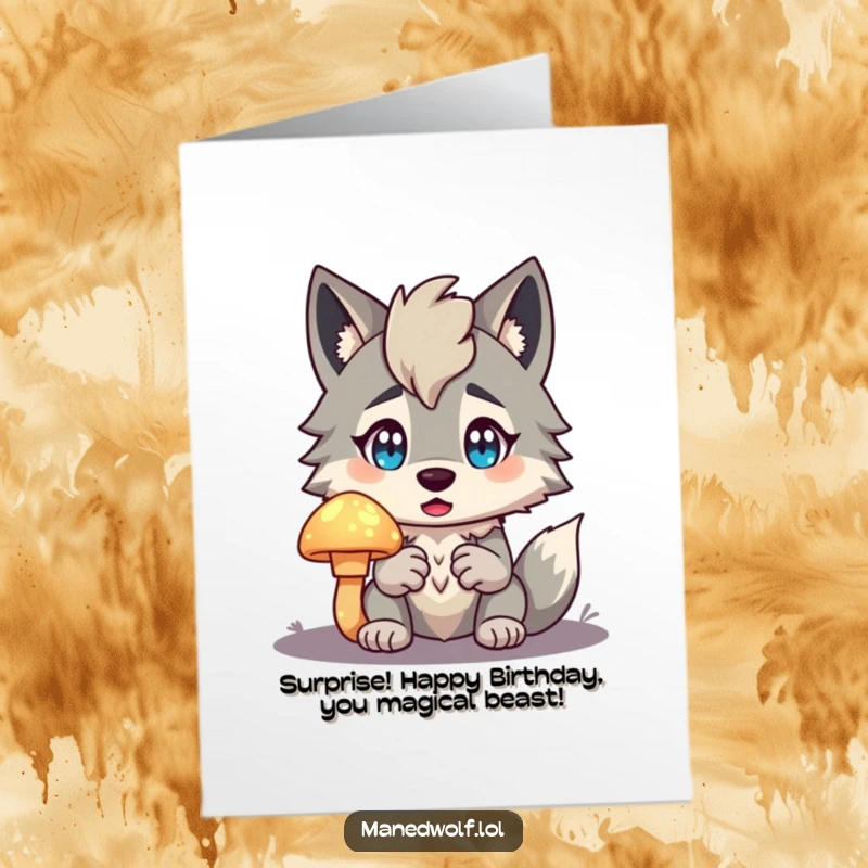 Funny Free Printable Birthday Card: Maned wolf with wide eyes, holding a bright glowing mushroom, surprised and amazed.