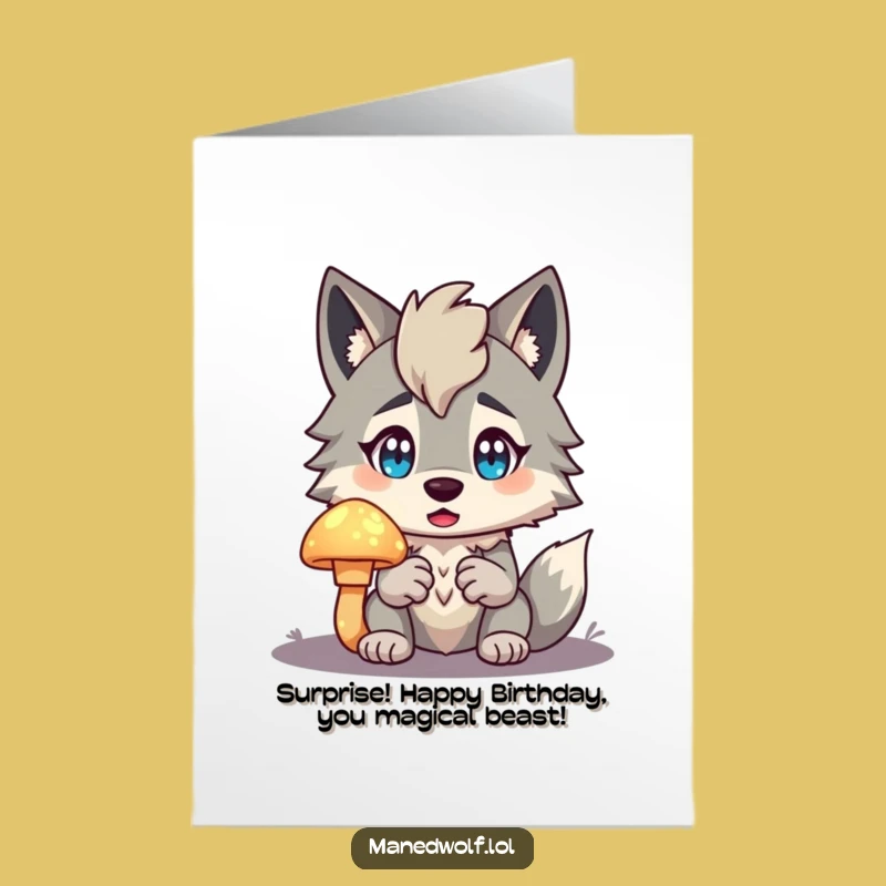 Free Printable Birthday Card: Surprised Maned Wolf & Glow Mushroom Fun Gift!