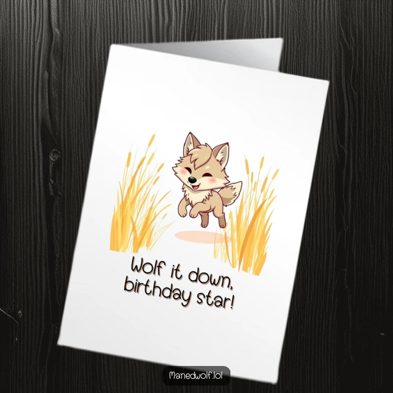 Funny Free Printable Birthday Card: A maned wolf character joyfully prancing through tall, golden grass, celebrating with grace.