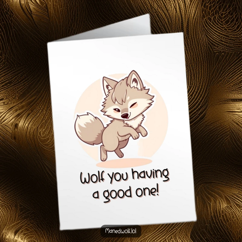 Funny Free Printable Maned Wolf Birthday Card: Fluffy wolf artistically chasing its tail in a joyful, dizzying circle.