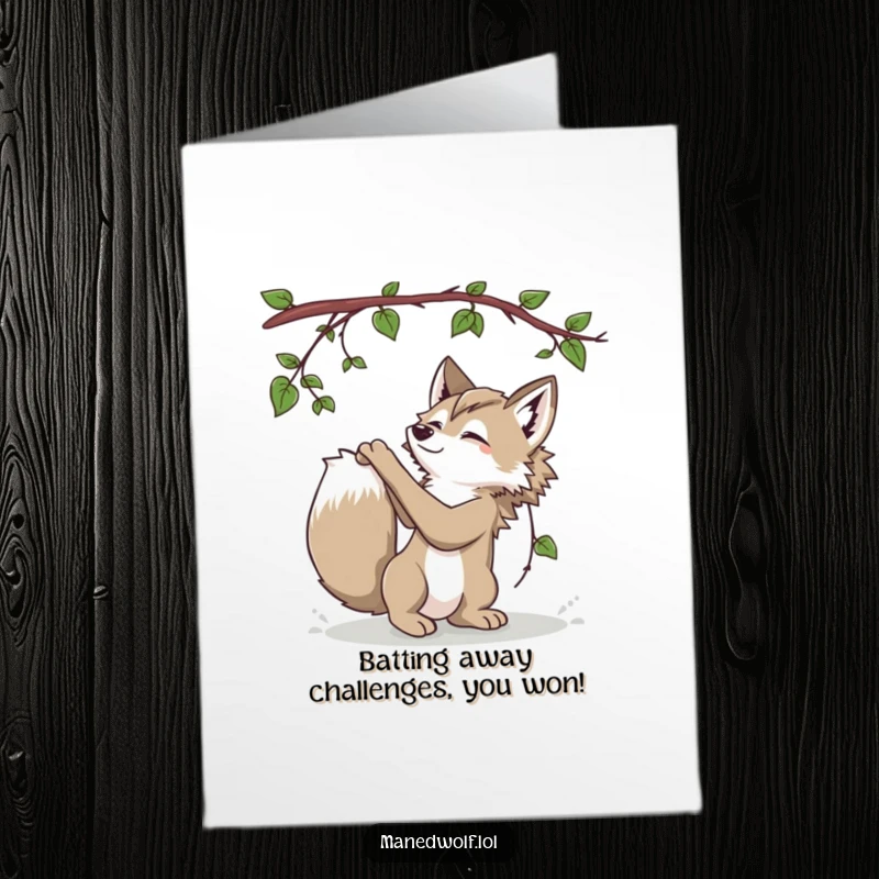 Funny Free Printable Congratulations Card: Playful maned wolf batting at a dangling vine, a downloadable gift.