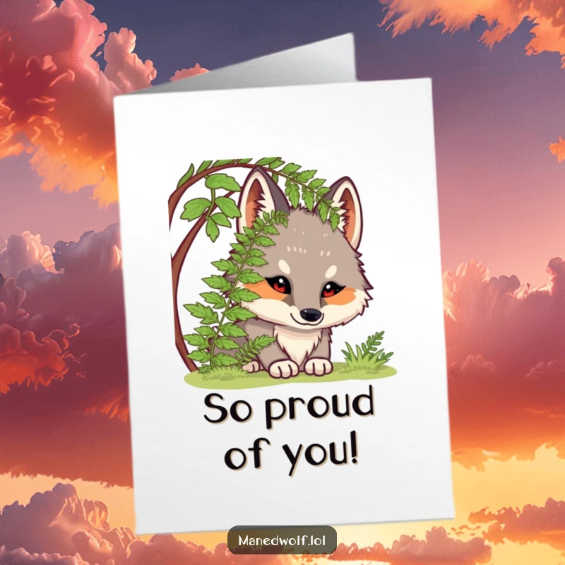 Funny Free Printable Congrats Card: Chubby maned wolf curiously peering from beneath a fern, symbolizing happy discoveries and achievements.