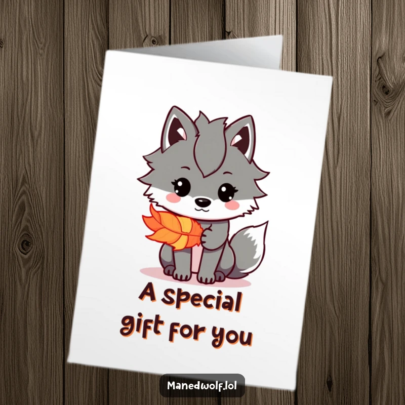 Free Printable Congrats Card: Kawaii maned wolf offering a vibrant, colorful feather, symbolizing a special gift for congratulations.