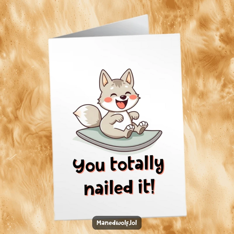 Funny Free Printable Congrats Card: Maned wolf joyfully rolling down a hill, perfect for celebrating any achievement with laughter.