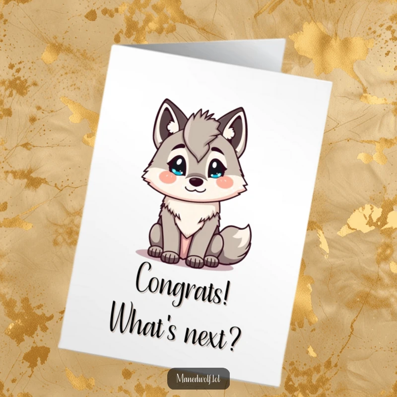 Funny Free Printable Congratulations Card showing an inquisitive Kawaii maned wolf tilting its head, curious about the exciting news.