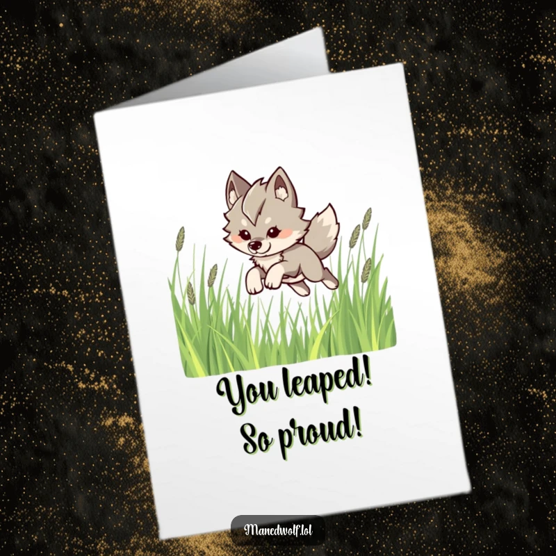 Funny Free Printable Congrats Card: Kawaii maned wolf leaping playfully through tall grass, symbolizing a triumphant leap forward.