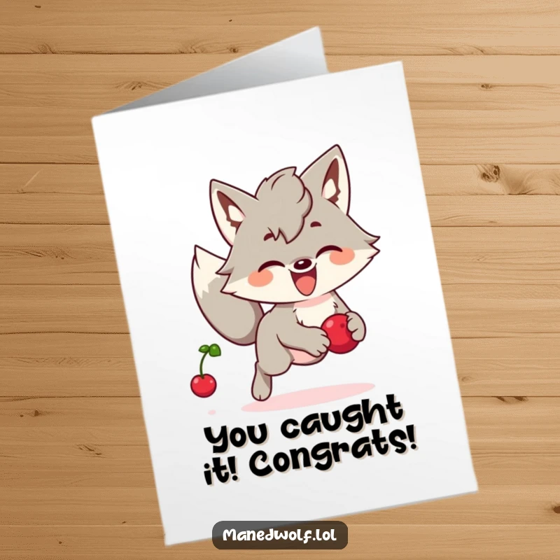 Funny Free Printable Congrats Card: Kawaii maned wolf joyfully chasing a bouncing berry, symbolizing the pursuit of sweet success.