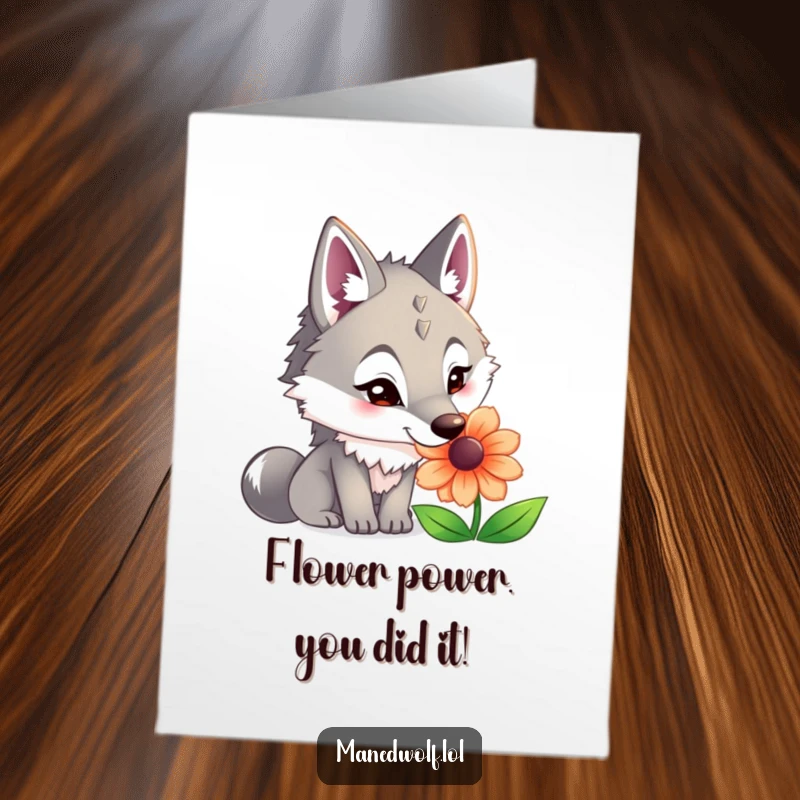 Free Printable Congratulations Card: Amused maned wolf sniffing a colorful flower, a quirky and delightful DIY greeting.