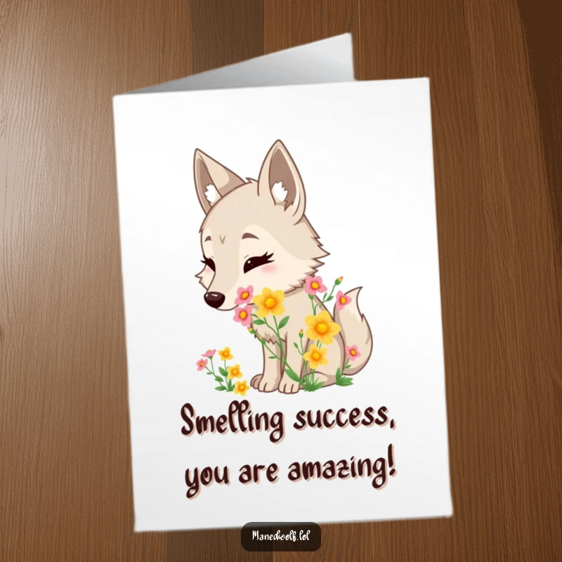 Funny Free Printable Congratulations Card with a maned wolf delightedly sniffing wildflowers.