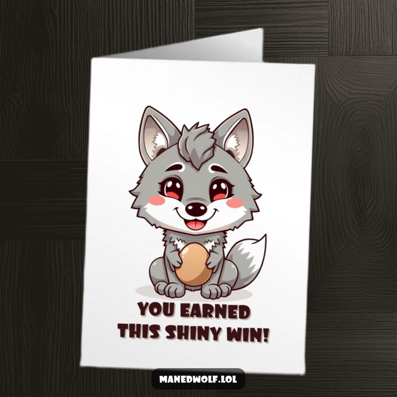 Funny Free Printable Congratulations Card: a maned wolf with a cheerful grin presenting a shiny pebble, celebrating an achievement.