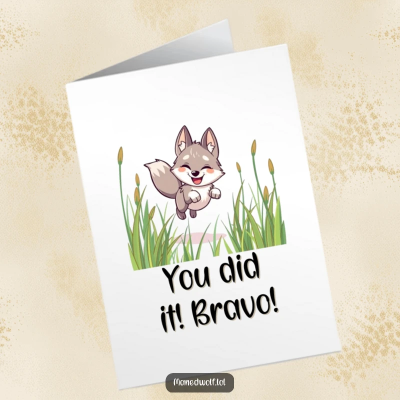 Funny Free Printable Congratulations Card: A happy maned wolf leaping joyfully through grass, ears perked in celebration of an achievement.