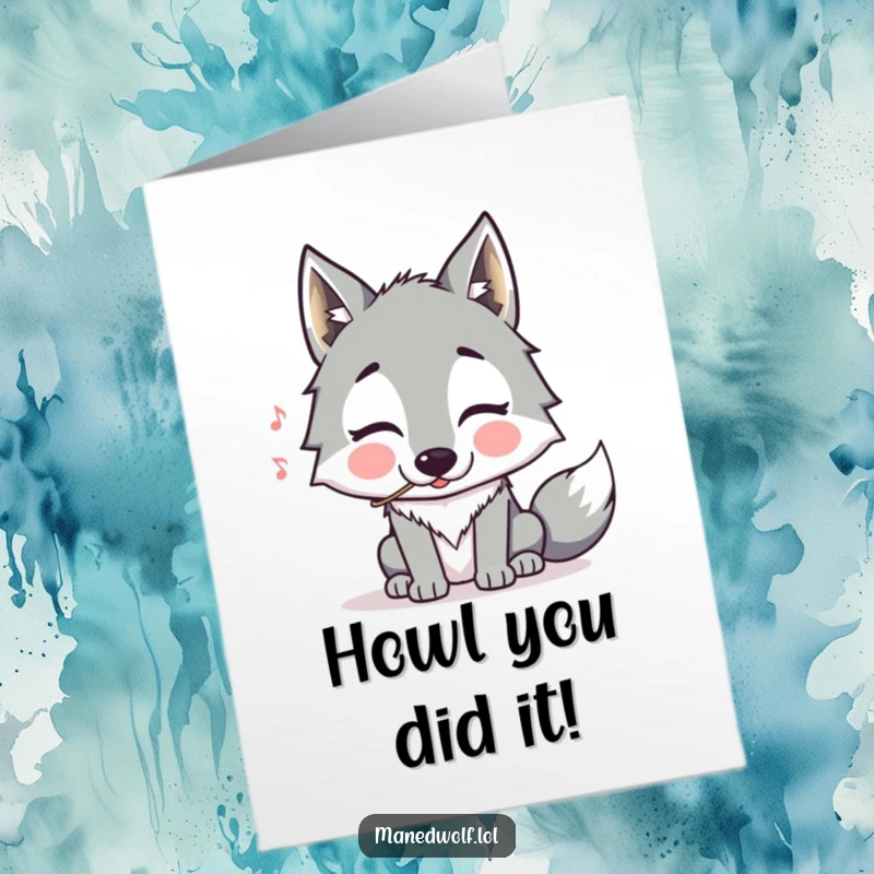 Free Printable congratulations card featuring a maned wolf with puffed cheeks, comically attempting to whistle a congratulatory melody.