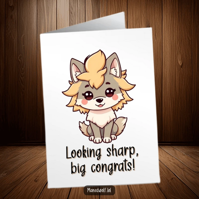 Funny Free Printable Congrats Card: Elegant kawaii maned wolf striking a pose, proudly displaying its impressive, voluminous mane.