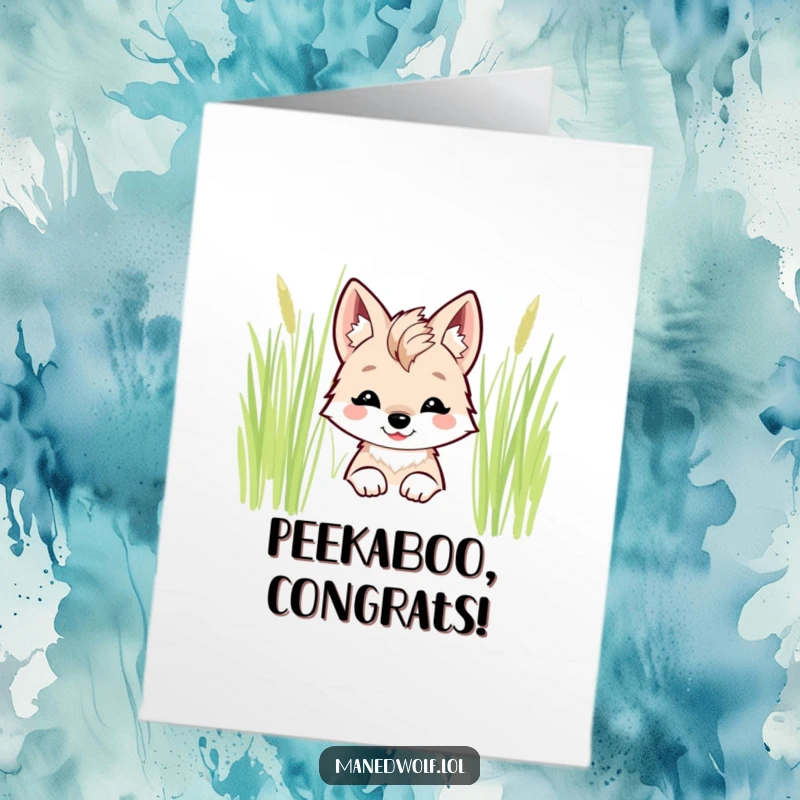 Free Printable Congrats Card: A sweet kawaii maned wolf with a cheerful smile peeking playfully from tall grass.