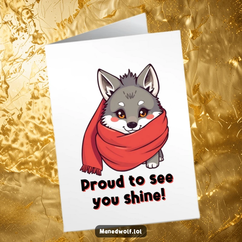 Funny Free Printable Congratulations Card: A maned wolf peeking out from behind a massive red scarf, celebrating a hidden achievement.