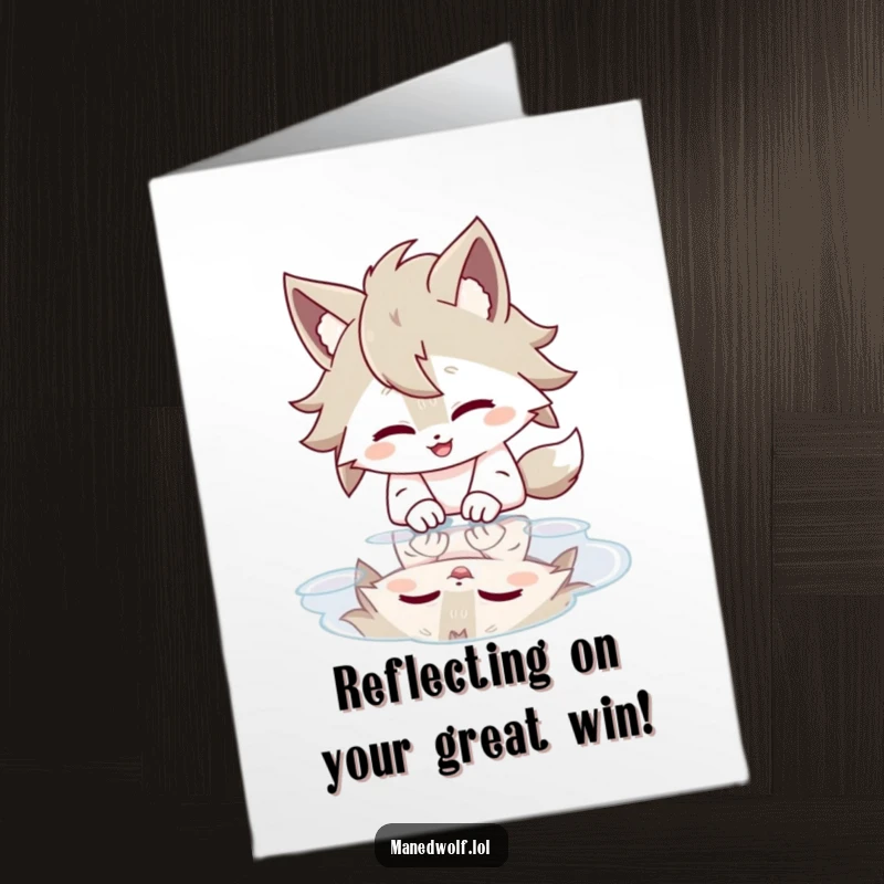 Funny Free Printable Congratulations Card shows a maned wolf gleefully giggling at its own funny reflection spotted in a clear puddle.