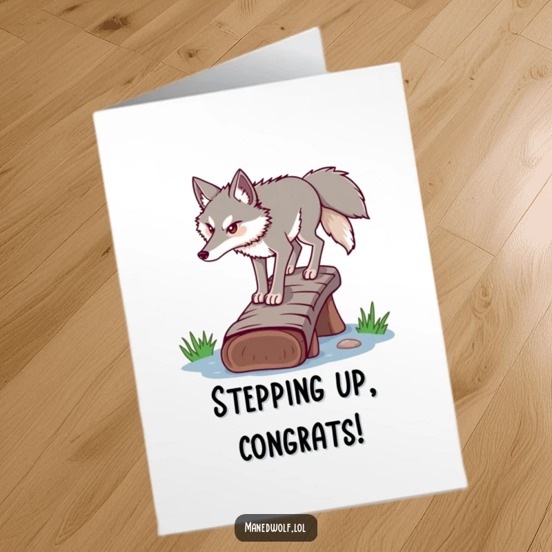 Funny Free Printable Congratulations Card: A determined maned wolf carefully walking across a narrow log bridge, signifying a great achievement.