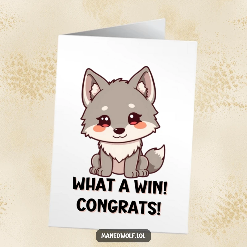 Funny Free Printable Congrats Card: Kawaii maned wolf with ears perked, curiously investigating their success, full of wonder.