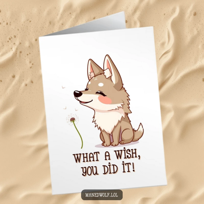 Funny Free Printable Congratulations Card: Maned wolf curiously observing a dandelion seed floating by, a moment of wonder.