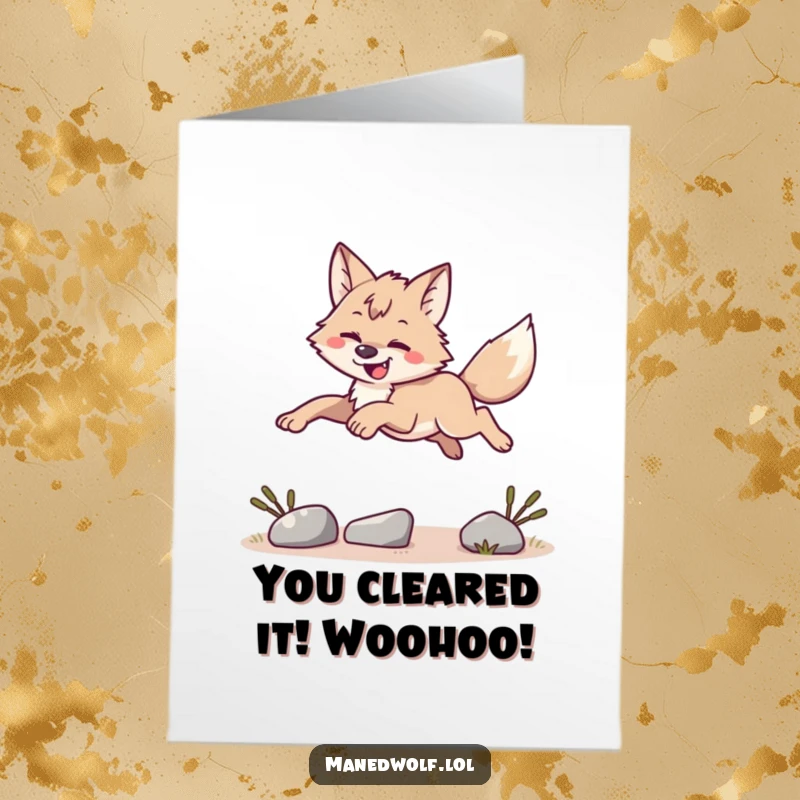 Free Printable Congratulations Card: Maned wolf leaping triumphantly over an obstacle, symbolizing success.